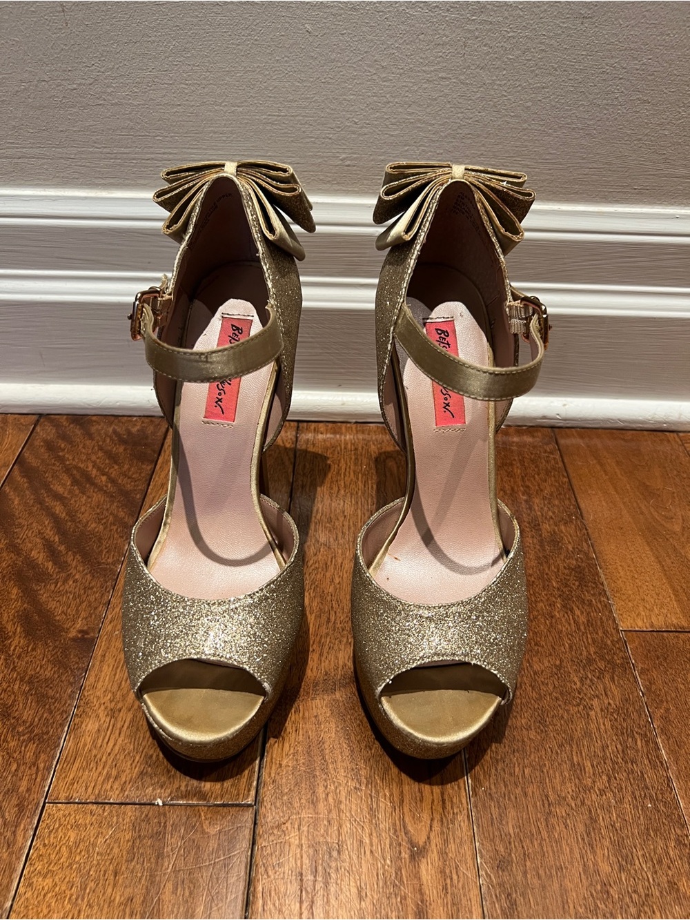 Betsey Johnson Gold Glitter Peep-Toe Ankle Strap Heels with Bow